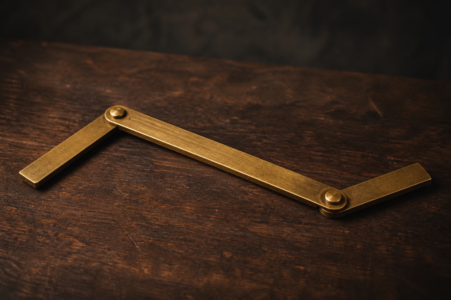 An unmarked three-section brass measuring instrument opened short, long, and short across a dark walnut workbench