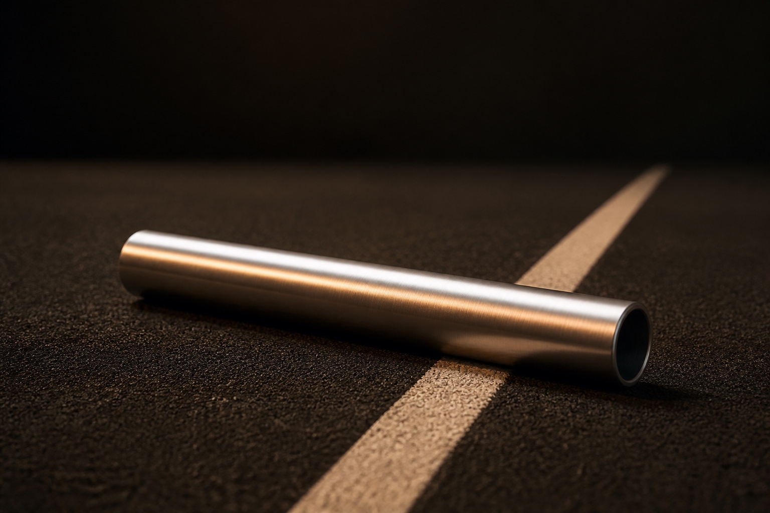 A polished metal relay baton resting across a marked exchange line on a dark running track