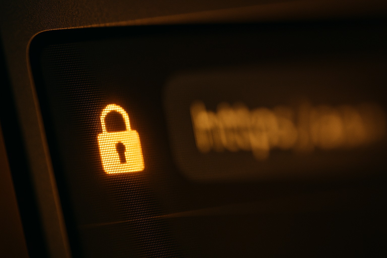 Macro photo of a laptop screen showing a browser address bar, the security padlock in sharp focus and the web address blurred behind it.
